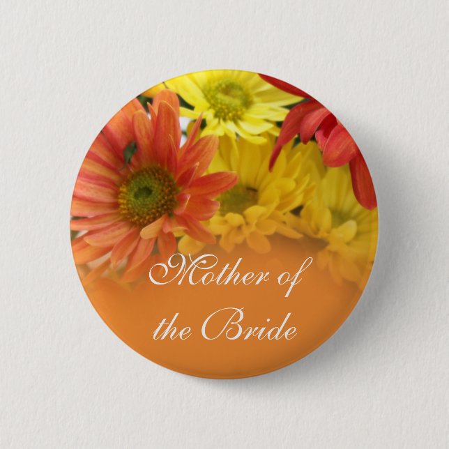 Rote, gelbe, orange-farbene Blume Name der Hochzei Button (Vorderseite)