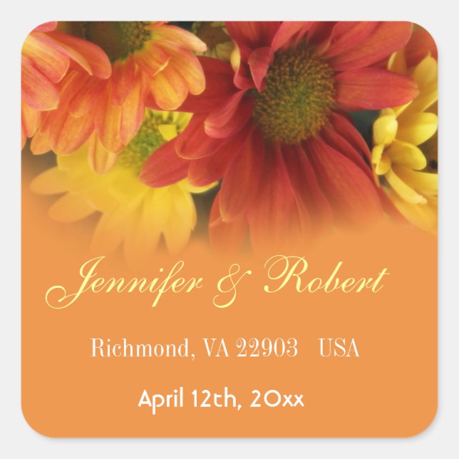 Rote, gelbe, orangefarbene Blume Gastgeschenk Hoch Quadratischer Aufkleber (Vorderseite)