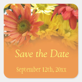 Rote, gelbe, orangefarbene Blume Save the Date Quadratischer Aufkleber