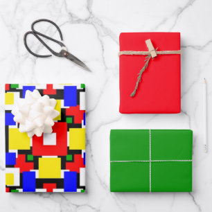 Rote, gelbe, schwarze, blaue und grüne Geometrien Geschenkpapier Set