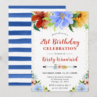 Rote, Gelbe und Blaue Blumen 21. Geburtstag Einladung