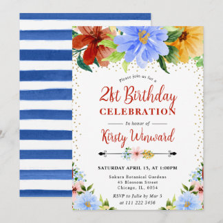 Rote, gelbe und blaue Blumen 21. Geburtstag Einladung