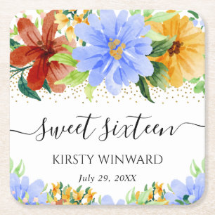 Rote, gelbe und blaue Blumen Sweet Sixteen Rechteckiger Pappuntersetzer