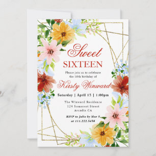 Rote, gelbe und blaue Blumen umrahmen Sweet 16 Einladung