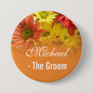 Rote, gelbe und orangefarbene Braut, Hochzeit des Button