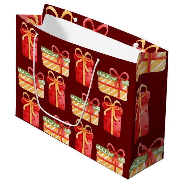 Rote, gelbe Weihnachtsgeschenke Dunkle rote große  Geschenktüte (Vorderseite Schrägansicht)