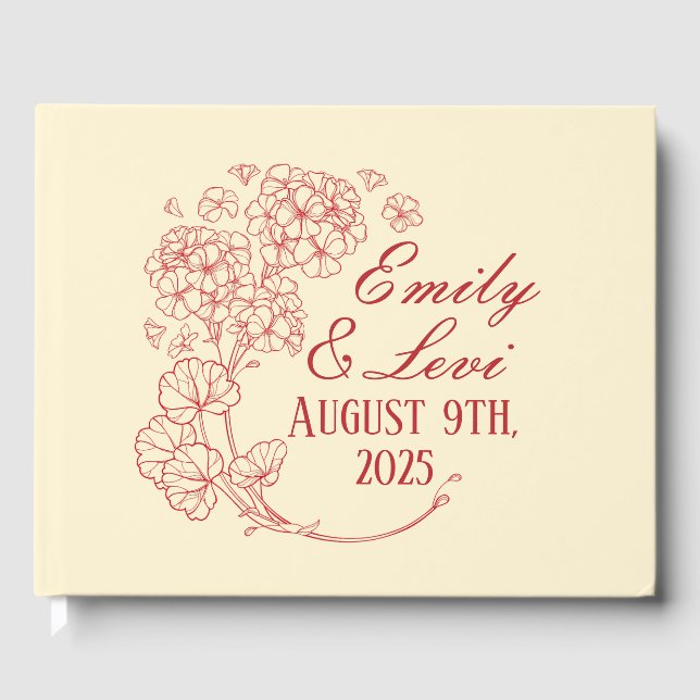 Rote Geranien auf Beige Hochzeit Gästebuch (Vorderseite)