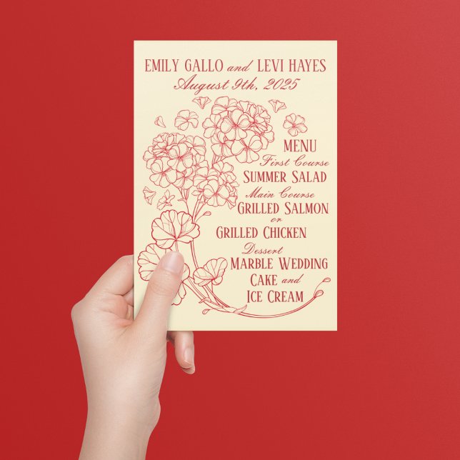 Rote Geranien auf Beige Hochzeit Menükarte (Von Creator hochgeladen)