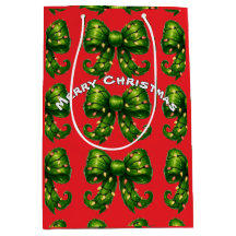 Rote Geschenktasche mit grünem Weihnachts-Schleife