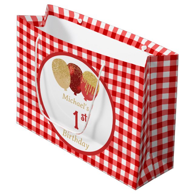 Rote Gingham-Balloons Benutzerdefinierte Mehrfach- Große Geschenktüte (Vorderseite Schrägansicht)