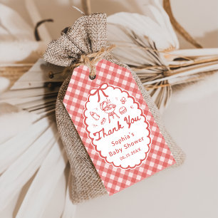 Rote Gingham-Barbecue-Baby-Q-Baby-Shower-Geschenka Geschenkanhänger