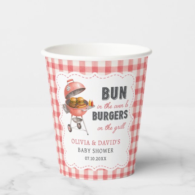 Rote Gingham-Burger-BBQ-Baby-Shower-Papierbecher Pappbecher (Vorderseite)