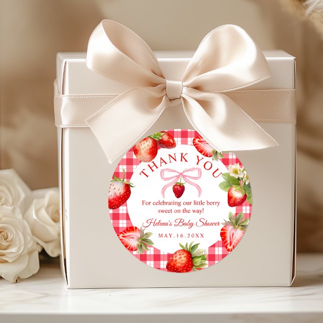Rote Gingham-Erdbeeren Baby Shower Danke Runder Aufkleber (Red Gihgham Strawberry Baby Shower Thank you stickers)