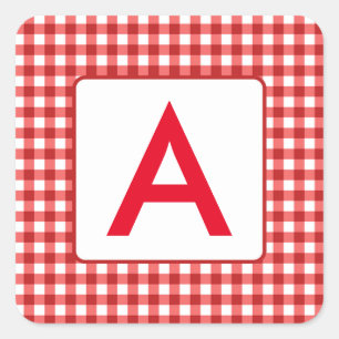 Rote Gingham-Karo-Monogramm-Quadrat-Aufkleber Quadratischer Aufkleber