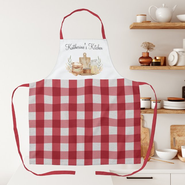 Rote Gingham-Karomuster-Backzubehör Schürze (In situ)