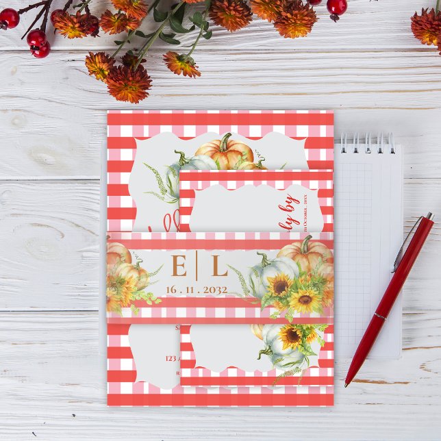 Rote Gingham-Kürbisse Sonnenblumen Herbst-Hochzeit Einladungsbanderole (Red Gingham Pumpkins Sunflowers Fall Wedding Invitation Belly Band)