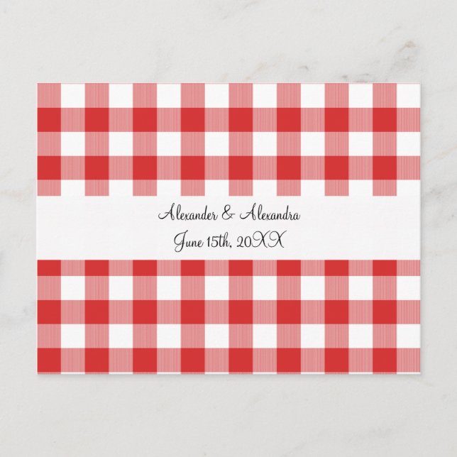 Rote Gingham-Muster-Gastgeschenke Hochzeiten Postkarte (Vorderseite)