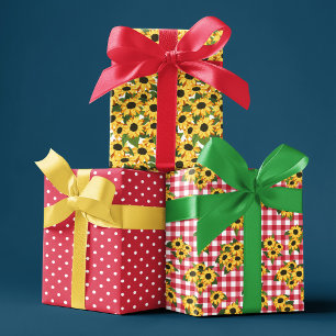 Rote Gingham-Punkte-Sonnenblumen-Blumenmuster Geschenkpapier Set