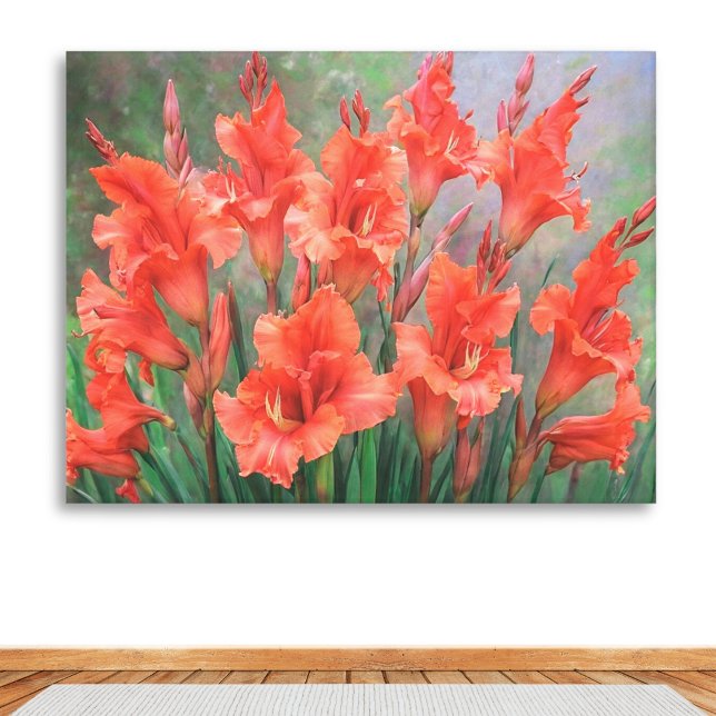 Rote Gladiolus Blume Eleganter Blumengarten Blumen Leinwanddruck (An elegant canvas print of coral red gladioli flowers. Bright and vibrant artwork for the home.)