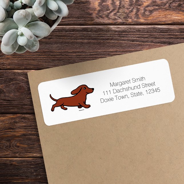 Rote glatte Dackel läuft (Red Smooth Haired Dachshund Running Return Address Label featuring Dachshund in action.  Cartoon.)