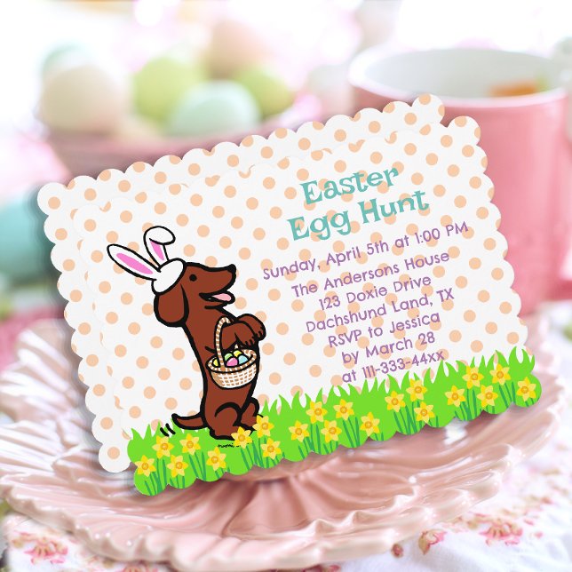 Rote, glatte Dackel Ostereier Hunt Einladung (Easter Egg Red Smooth Haired Dachshund Invitation for Easter Egg Hunt.  Cute Dog Cartoon Design.)
