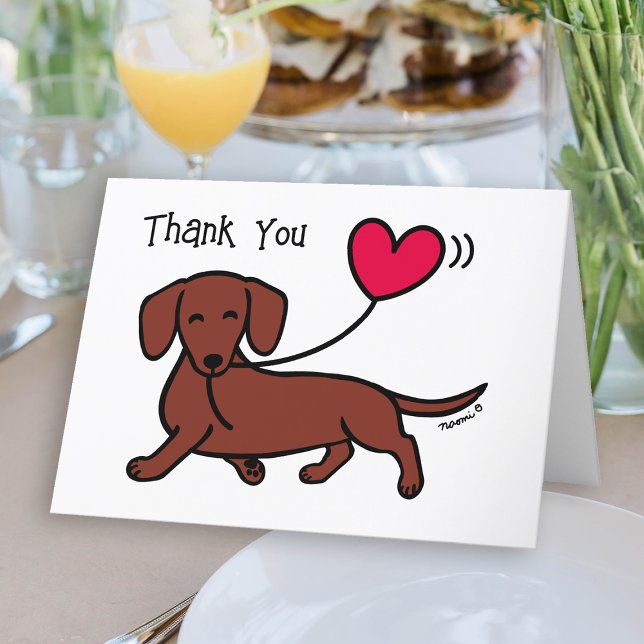 Rote, glatte, haarige Dackel lächeln Dankeskarte (Red Smooth Haired Dachshund Heart Balloon Thank You Card for Doxie owners.  Sausage dog cartoon.)