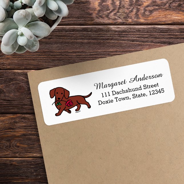 Rote, glatte, haarige Dackel Rose (Red Smooth Haired Dachshund Return Address Label featuring Dachshund having a Rose flower.  Cartoon.)