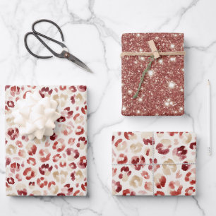 Rote Glitter-Cream-Leoparden-Tierdruck-Geburtstag Geschenkpapier Set