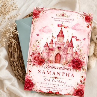 Rote Glitter-Prinzessinnen-Schloss-Quinceañera-Ein Einladung