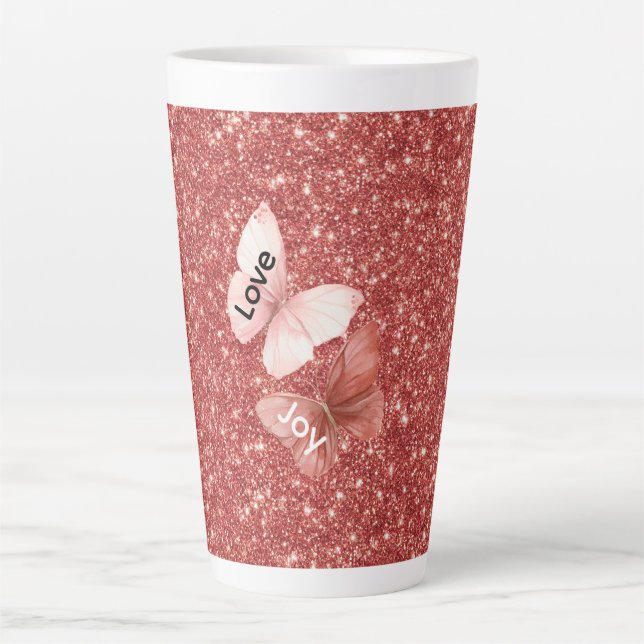 Rote Glitter Rosa Liebe Freude Schmetterlinge Milchtasse (Vorderseite)