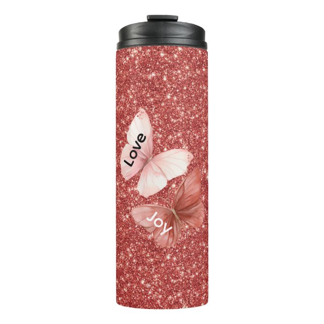 Rote Glitter Rosa Liebe Freude Schmetterlinge Thermosbecher (Vorderseite)