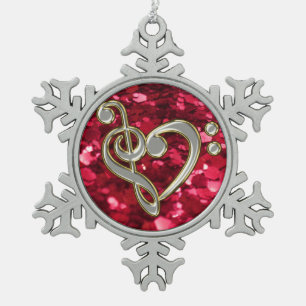 Rote Glitzer-Weihnachtsmusik-Herzclef-Schneeflocke Schneeflocken Zinn-Ornament