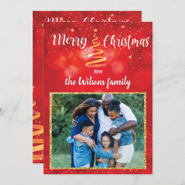 Rote Glitzern Weihnachts Foto Grußkarte Feiertagskarte (Vorne/Hinten)