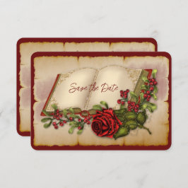 Rote, glühende Rose auf den Seiten der Gold-Farbbi Save The Date