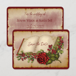 Rote, glühende Rose auf den Seiten der Gold-Farbbi Save The Date