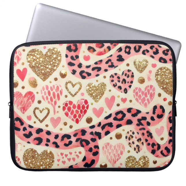 ROTE GOLD-VALENTINE-HERZEN UND LEOPARD-DRUCK LAPTOPSCHUTZHÜLLE (Vorderseite)