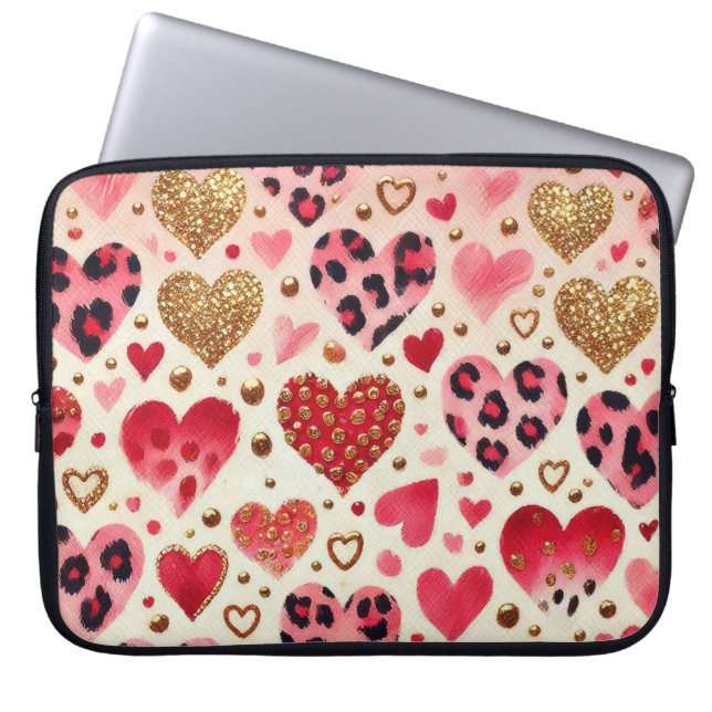 ROTE GOLD-VALENTINE-HERZEN UND LEOPARD-DRUCK LAPTOPSCHUTZHÜLLE (Vorderseite)