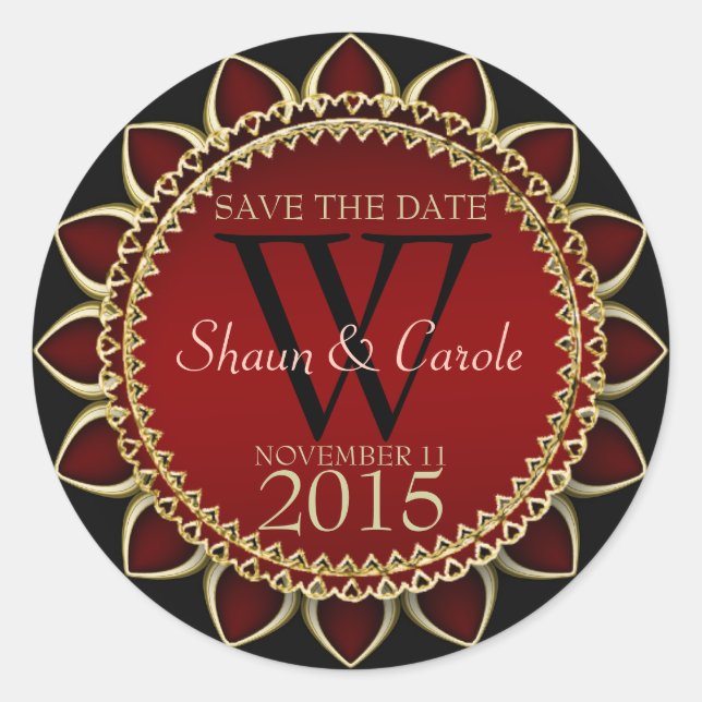 Rote Goldblume Monogram Save the Date Aufkleber (Vorderseite)