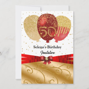 Rote Goldene 50. Geburtstags-Seidenband-Ballons Einladung