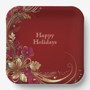 Rote Goldene Florale Feiertags-Papierplatte Pappteller