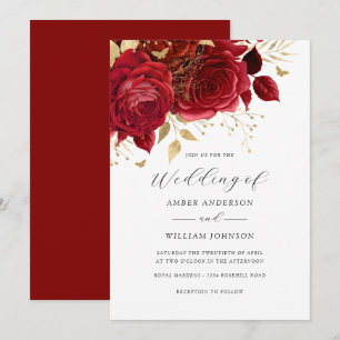 Rote Goldene Florale Rosen Hochzeit Einladung