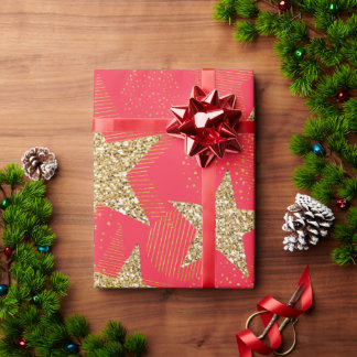 ROTE & GOLDENE GLITZER WEIHNACHTSSTERNE GESCHENKPAPIER