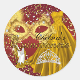 Rote & Goldene Masken-Masquerade-Quinceanera-Aufkl Runder Aufkleber