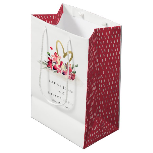 Rote goldene Orchideenhochzeit Mittlere Geschenktüte (Vorderseite Schrägansicht)