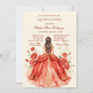 Rote Goldene Prinzessin Florale Tiara Quinceañera Einladung