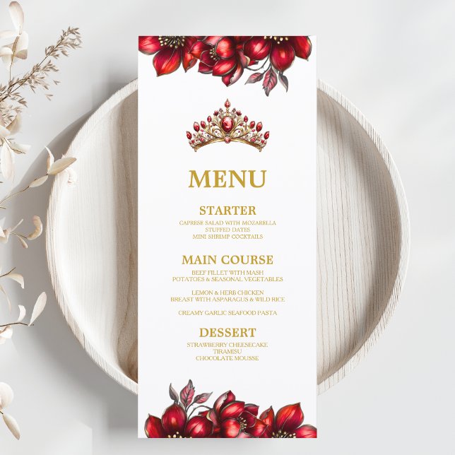 Rote goldene Tiara Floral Quinceañera  Menükarte (Von Creator hochgeladen)