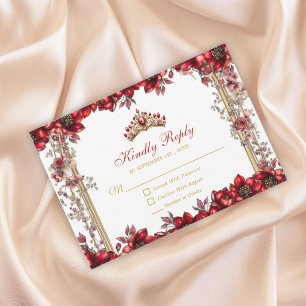 Rote goldene Tiara Floral Quinceañera RSVP Karte