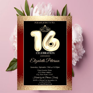 Rote, goldene Tiara-Konfetti, Sweet 16-Party Einladung