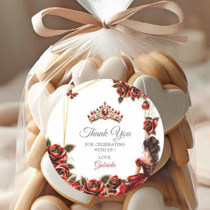 Rote goldene Tiara Rosen Quinceañera Danke Runder Aufkleber
