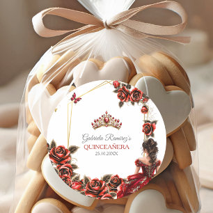 Rote goldene Tiara-Rosen Quinceañera Runder Aufkleber